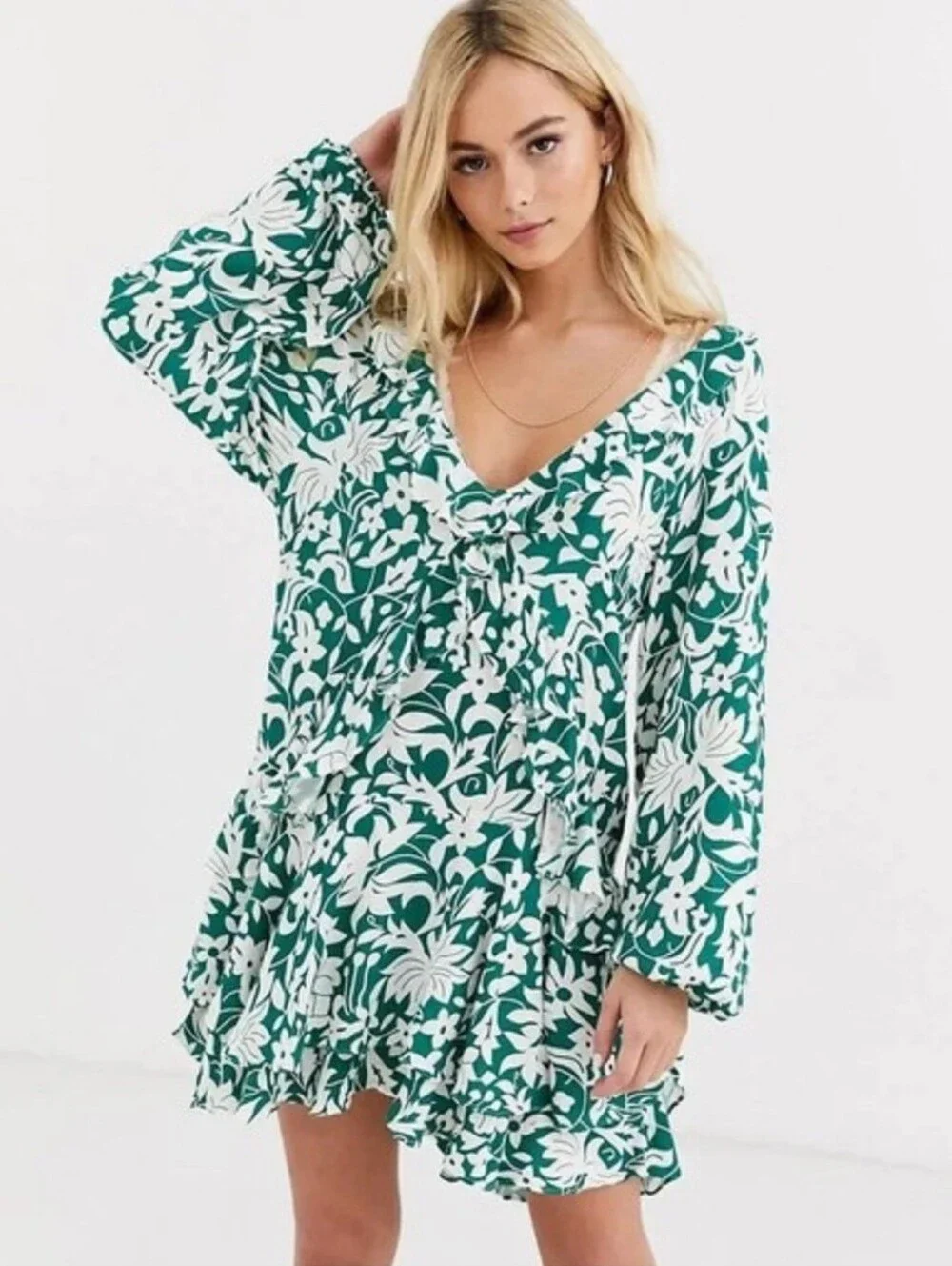 Free People Rebecka Floral Ruffled Dress Emerald Green Small XS $128